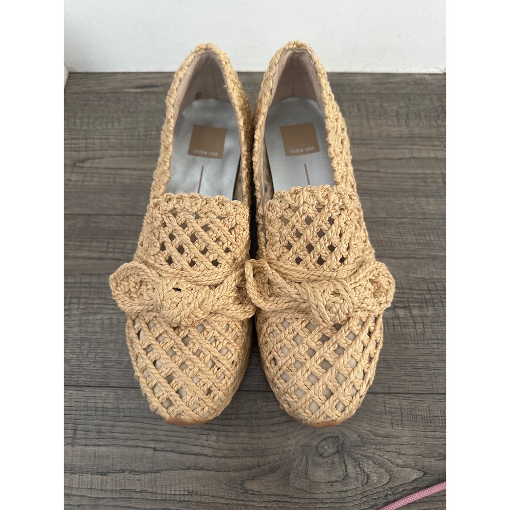 Dolce Vita Tan Woven Raffia Platform Loafers Knotted Bow Espadrille Shoes